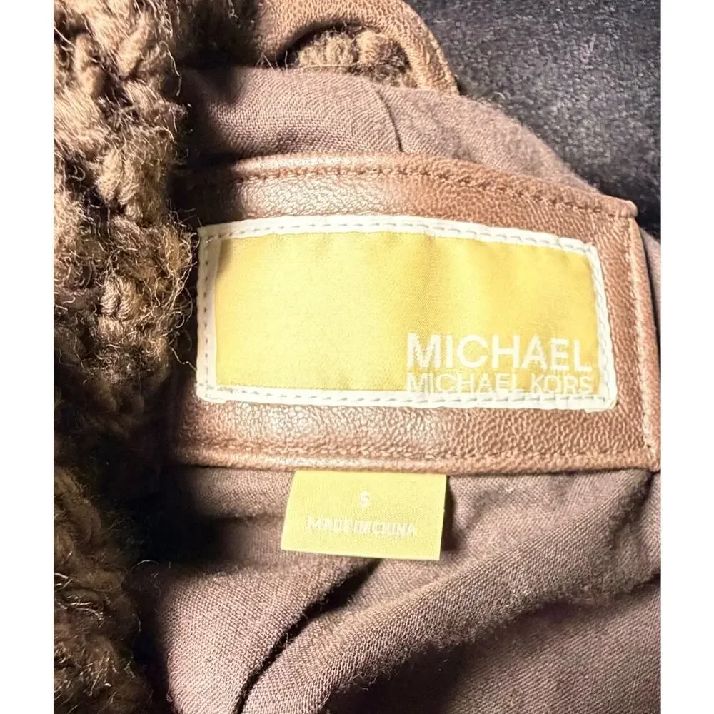 MK Michael Kors Brown Genuine Leather Moto Jacket Asymmetric Zip Knit Coll